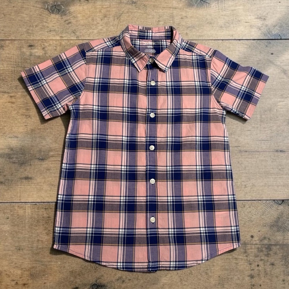 Carter's Plaid Button Down Shirt Boys Size 7 Blue Pink Short Sleeve 100% Cotton
